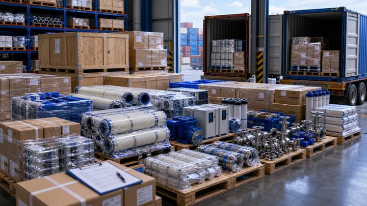 Consolidated Shipping for Spares: multi-SKU export bundles (resin, media, carbon) with cost control water treatment solution illustration