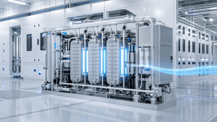 Low-energy EDI ultrapure water polishing stack in a clean utility room