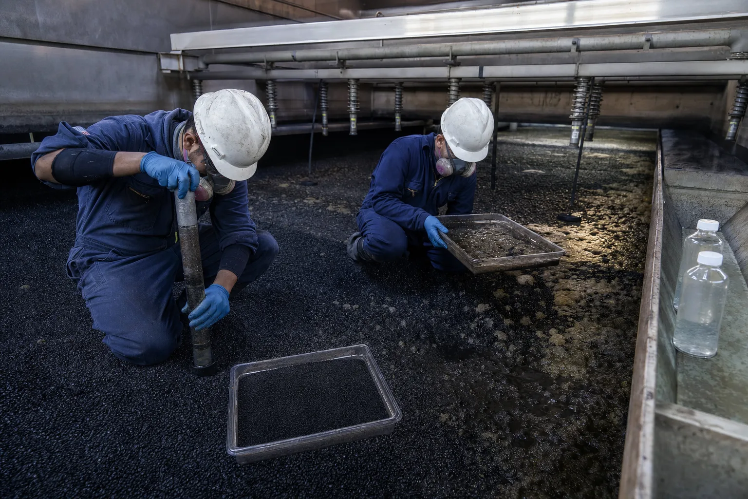 Bed coring distinguishes uniform loading from deposits, biological activity, and local defects：Depth-resolved bed core、Uniform black GAC bed、Deposit/biological anomaly zone、Wash nozzles, water, and carbon samples