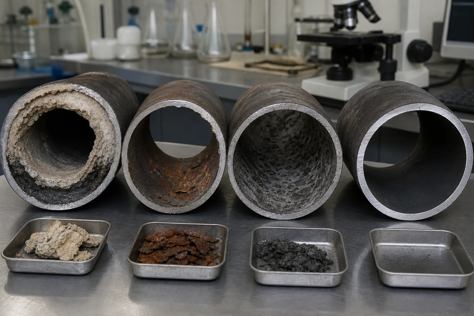 Four pipe sections separate hard scale, rust, dark deposits and a clean baseline：White hardness/silica scale、Orange iron oxide and metal loss、Dark oxide or composite deposit、Clean metal baseline and texture