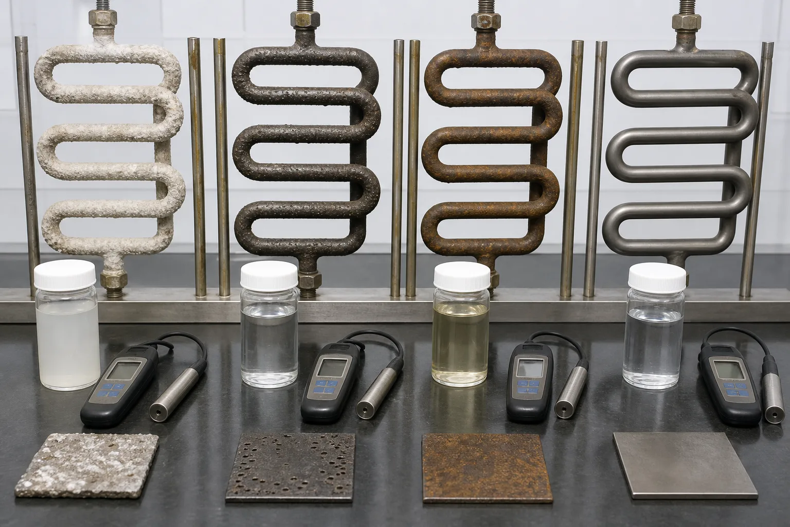 Four heated sections compare insulating scale, pitting, circuit corrosion and a controlled condition：Insulating scale and overheating risk、Oxygen-related or under-deposit pitting、Feedwater/condensate circuit rust、Chemically controlled clean comparison
