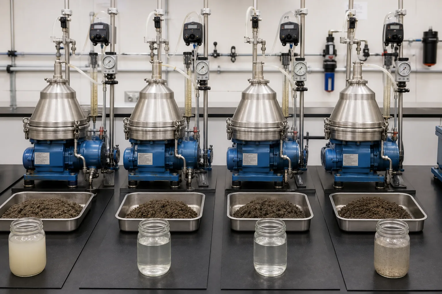 Parallel centrifuge tests compare products, but machine topology still matters：Cloudy liquid result、Clearer liquid control A、Clearer liquid control B、Solids carryover / mixed result