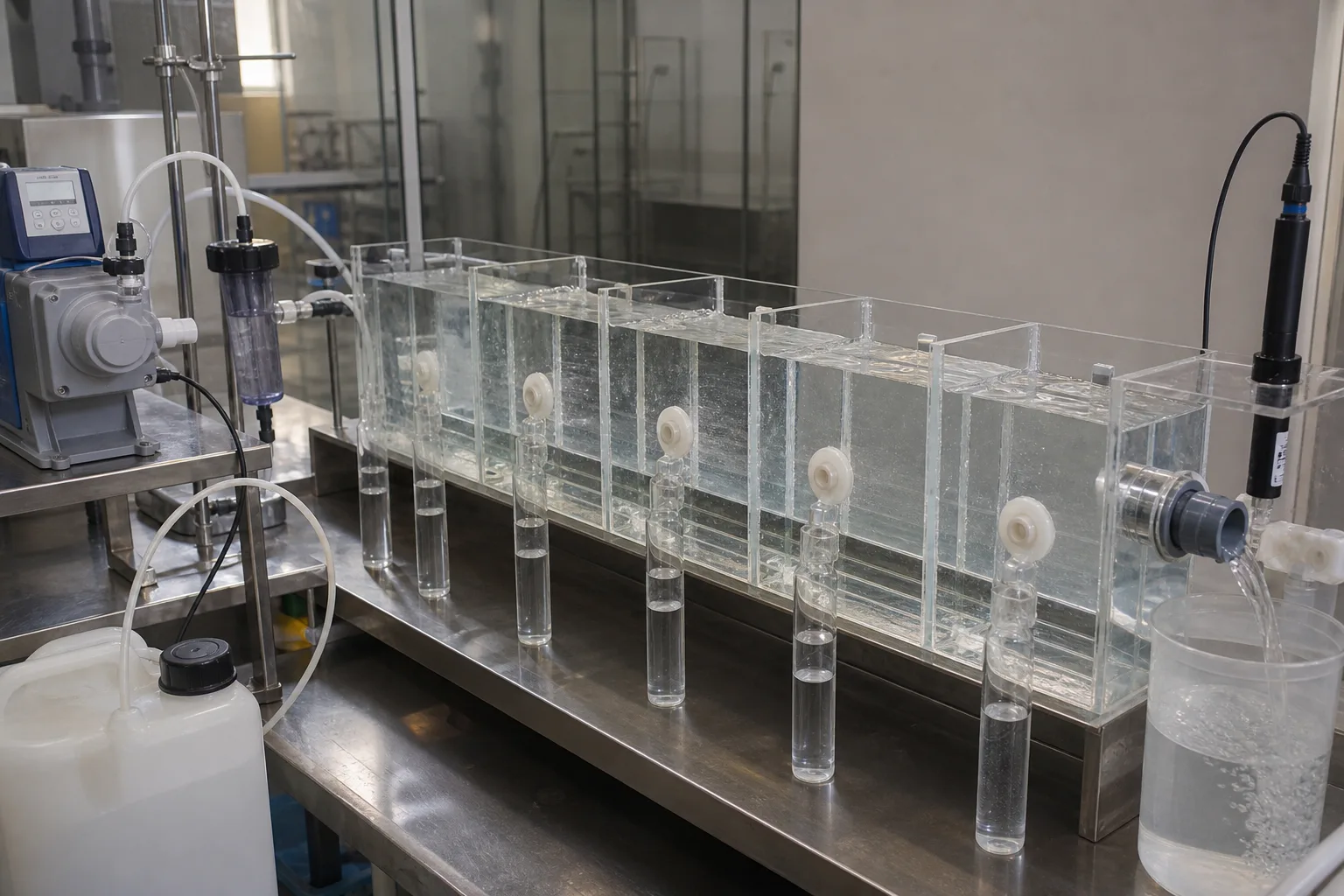 A baffled pilot links dose, contact distribution, residual decay, and effluent：Disinfectant metering/injection、Serial baffled chambers、Residual/microbial profile samples、Terminal probe and outlet