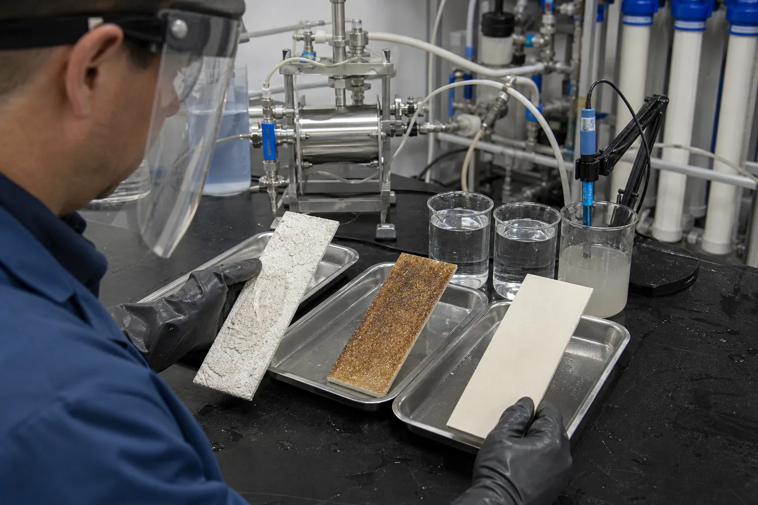 Before/after coupons, solution samples and normalized data close acceptance：Mineral coupon and dissolution evidence、Organic/biofilm coupon and dispersion、Rinsed clean coupon and integrity、Timed pH, turbidity, color and samples