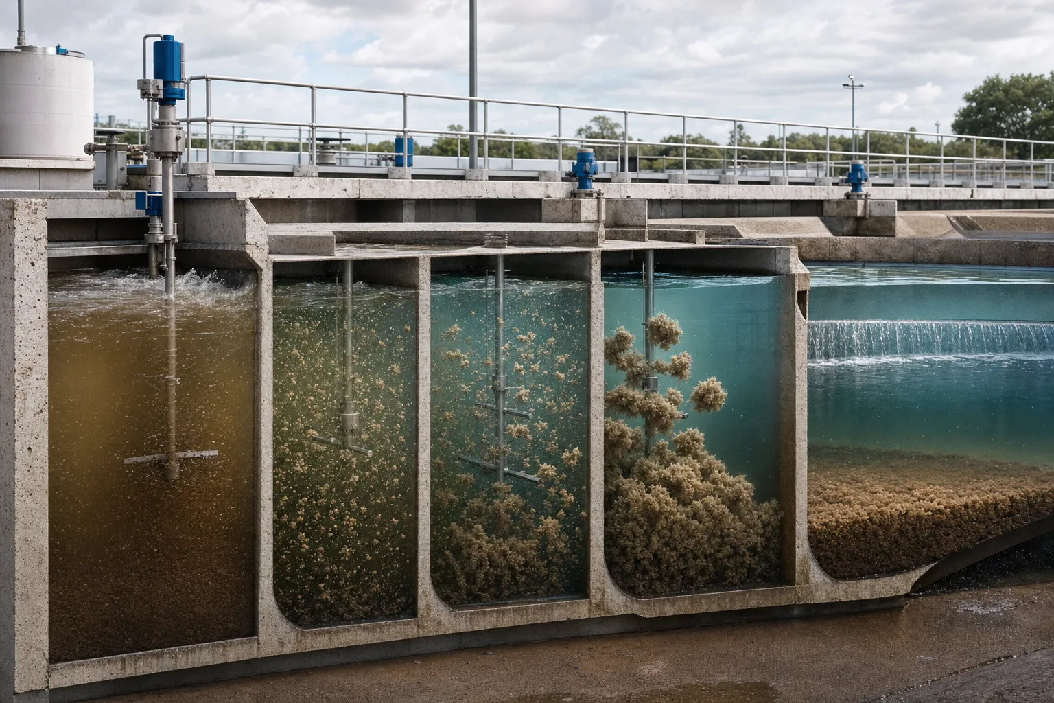 Flocs grow through staged collisions from rapid to gentle mixing：Instant chemical dispersion、Destabilized-particle collisions、Staged gentle floc growth、Clarified water and sludge