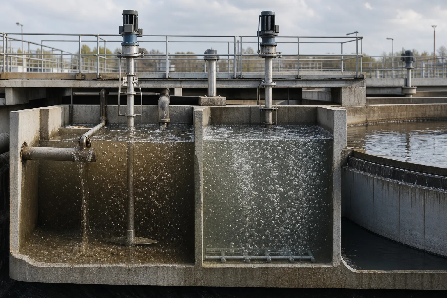 Aerobic nitrification and anoxic reduction form one hydraulic loop：Anoxic denitrification zone、Mechanical mixing and influent carbon、Aerobic nitrification and nitrate、Settling, recycle and effluent