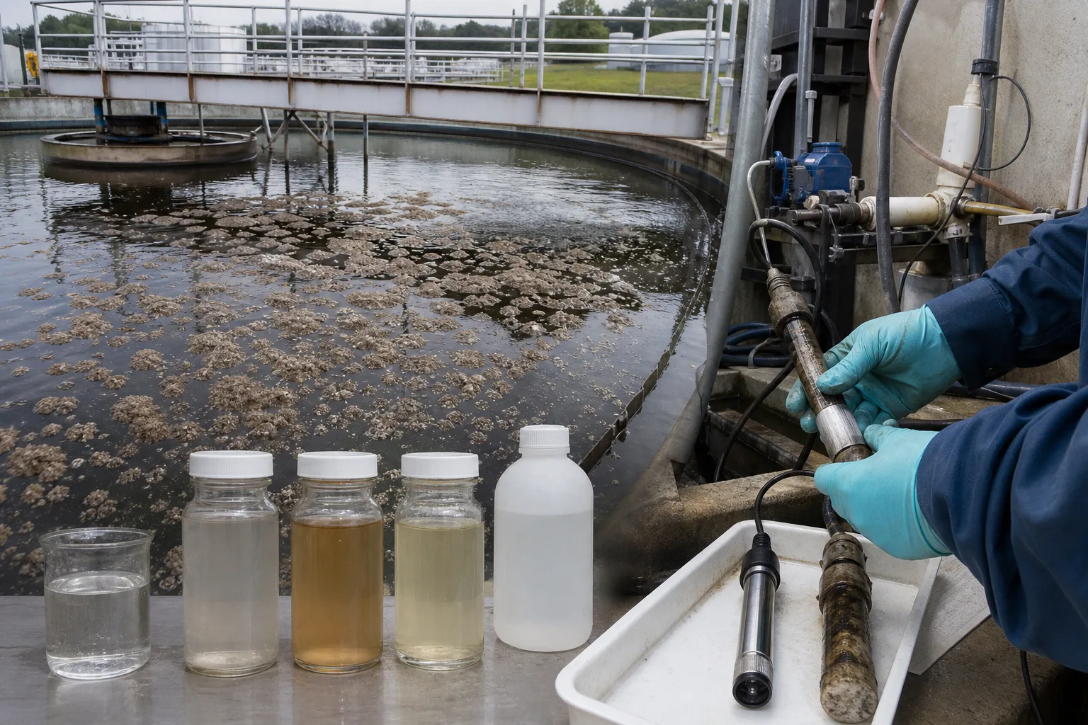 Floating sludge may be denitrification inside the clarifier：Gas-lifted sludge floc、Influent/effluent nitrate samples、DO/ORP online probe、Recycle, wasting and carbon equipment