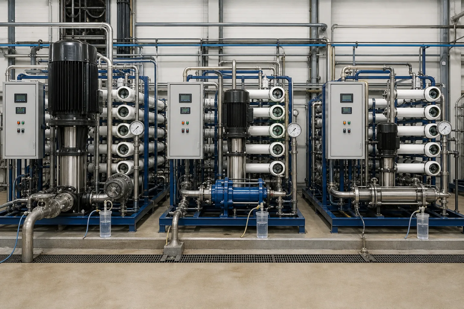 Three parallel SWRO trains show that ERD, pumps, membranes and control form one system：Main HP pump and VFD/control、RO vessels and HP feed、ERD / booster loop、Permeate/brine sampling and instruments