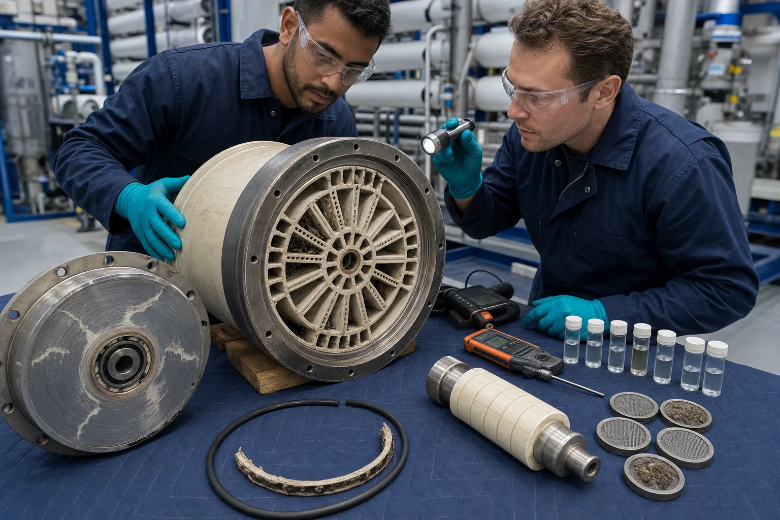 Teardown aligns ceramic rotor, end-port surfaces, seals and particle evidence：Ducted ceramic rotor、End cover / port-plate surface、Seal, sleeve and clearance parts、Captured deposits and port samples