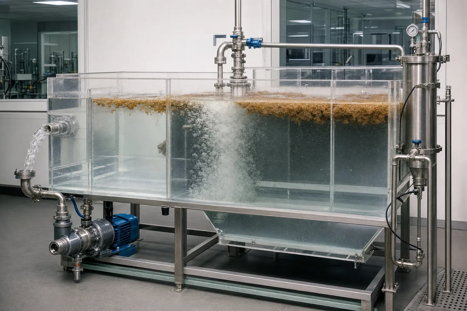 A transparent pilot shows saturation, release, attachment and clarified withdrawal together：Recycle pump/pressurized water、Pressure saturation vessel、Release device/whitewater、Float layer/clarified outlet