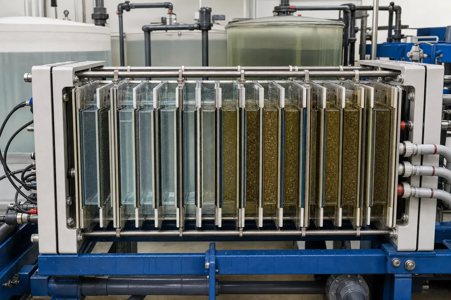 Alternating compartments make one stream dilute and the next concentrated：Low-conductivity dilute cell、High-conductivity concentrate cell、Alternating sheets and spacers、Separated inlet/outlet ports
