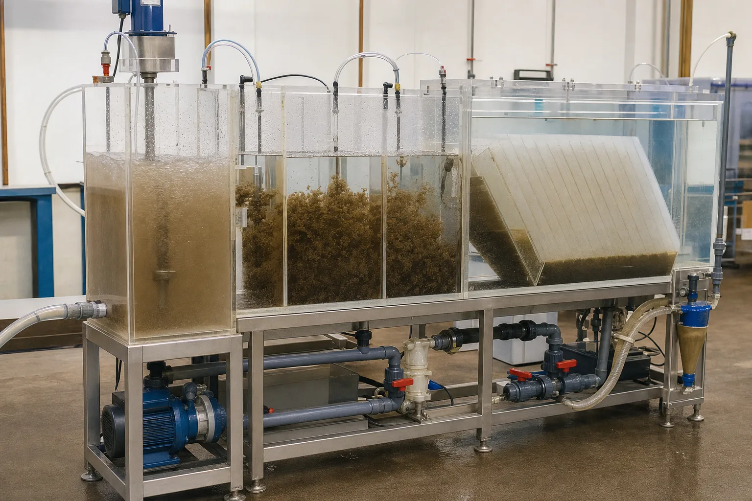 A continuous pilot links dosing, maturation, lamella settling, and underflow recovery：Rapid mix/destabilization、Floc maturation and weighting、Lamella clarification、Underflow, cyclone, and recycle