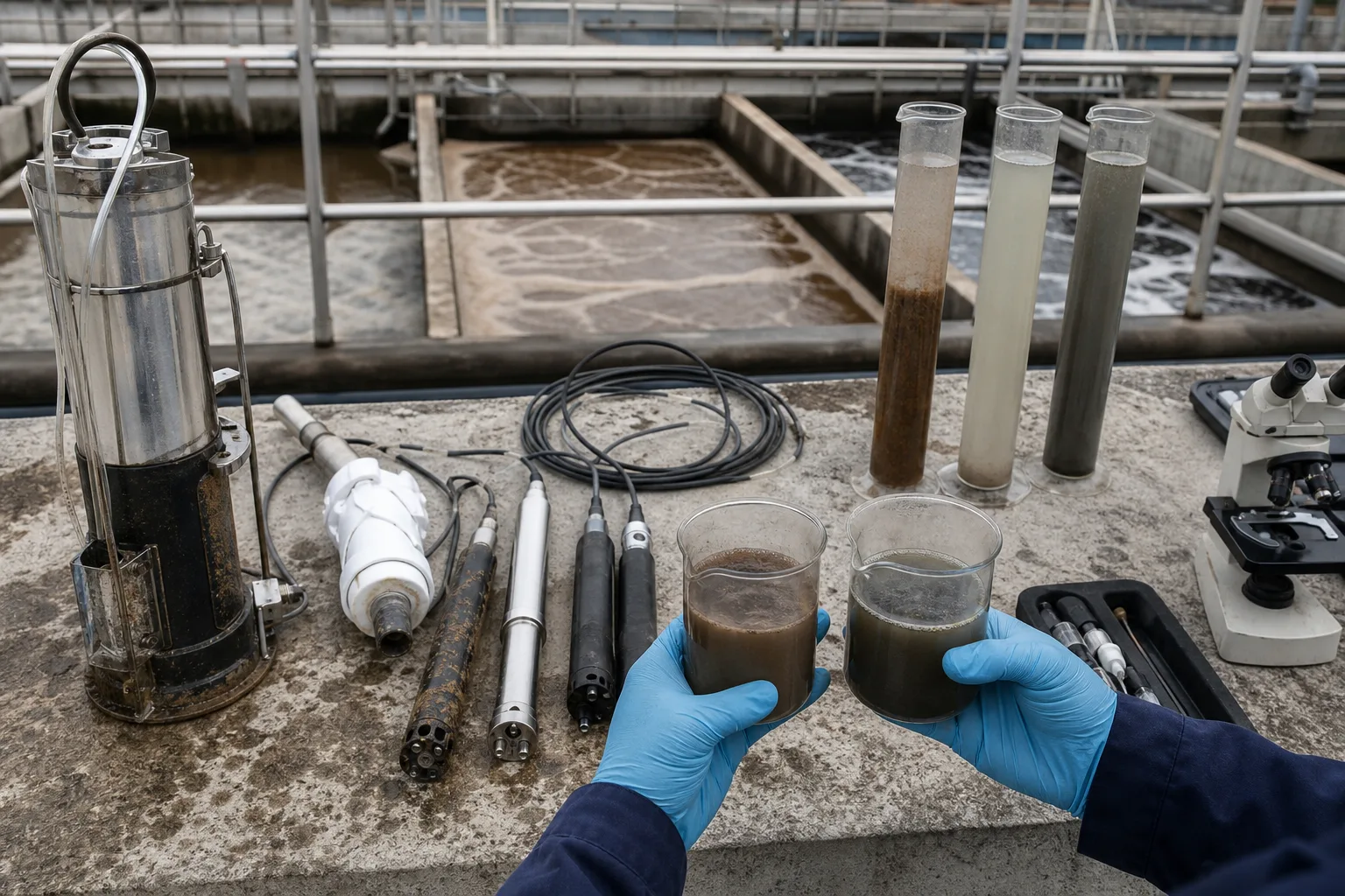 Diagnosis aligns three-zone samples, recycle data and sludge evidence：Anaerobic/anoxic/oxic samples、Internal recycle and RAS flow、DO/ORP/pH and N/P tests、Settling, blanket and microscopy