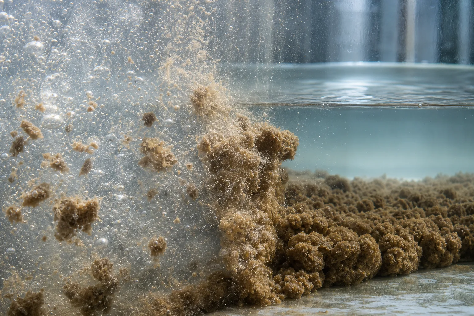 Suspended flocs perform the biological reaction：Oxygen-transfer bubbles、Suspended activated-sludge flocs、Upper mixed liquor、Gathering sludge layer