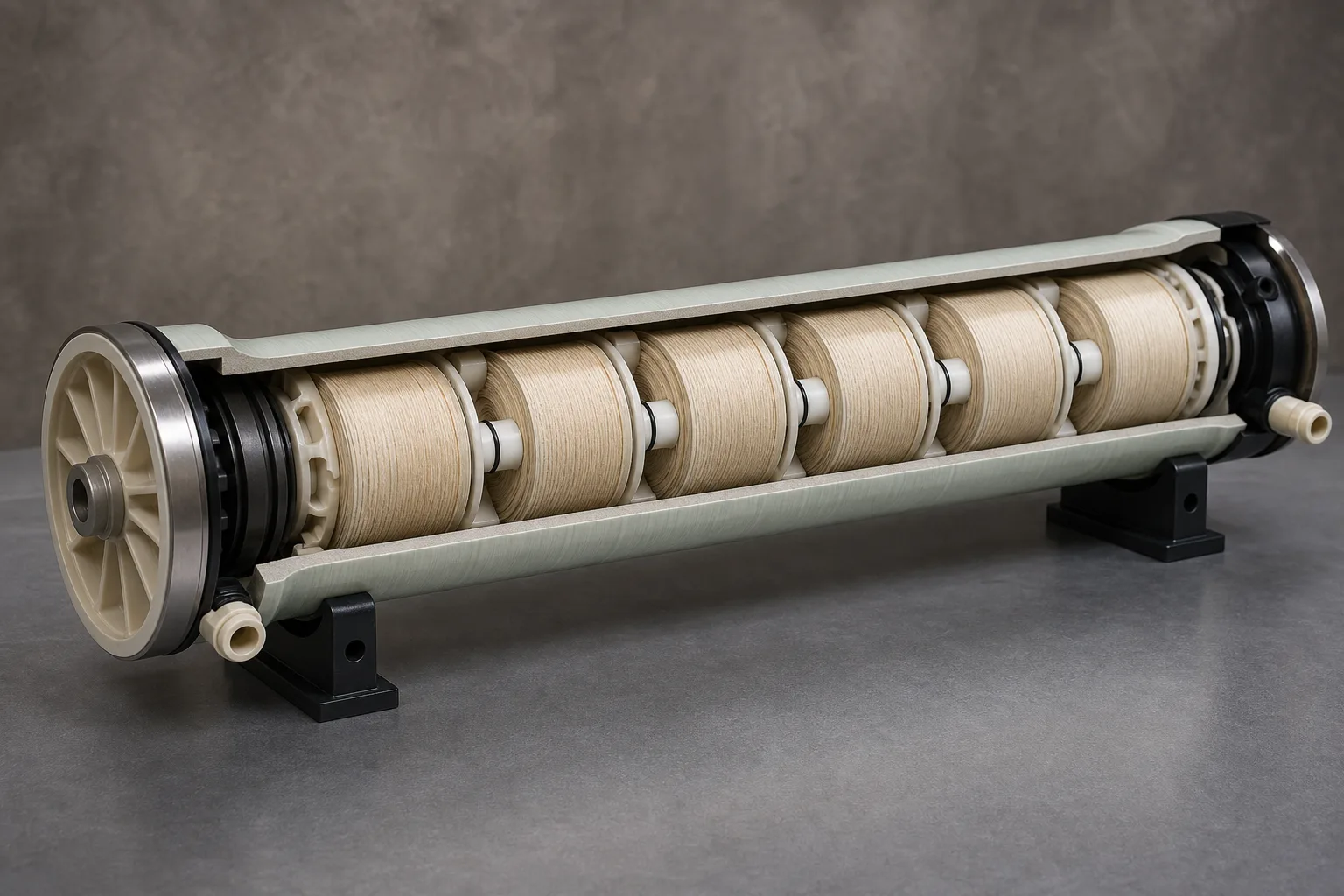 The cutaway aligns serial elements, permeate interconnectors and both closures：FRP pressure cylinder、Series spiral-wound element train、Permeate interconnector and O-rings、Closures, ports and thrust end