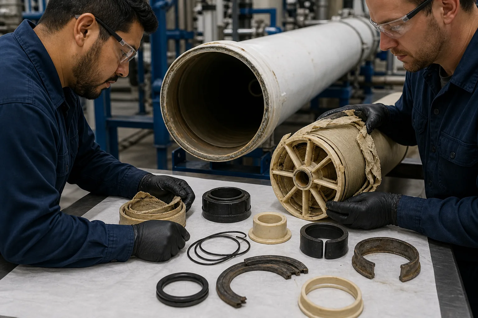 Wrapper damage, element movement and worn end seals leave different evidence：Torn wrapper / element telescoping、Vessel bore and pressure shell、Worn end adapter / thrust hardware、O-rings, brine seal and retaining ring