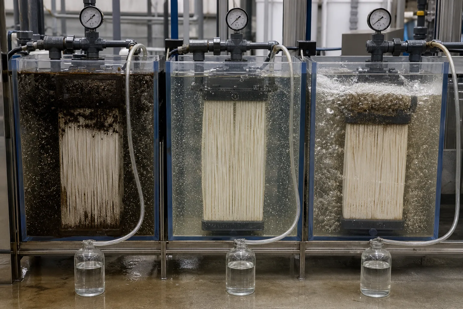 Clear filtrate does not mean every operating state is healthy：High load and heavy deposit、Stable filtration state、Strong/uneven aeration、Three filtrate samples