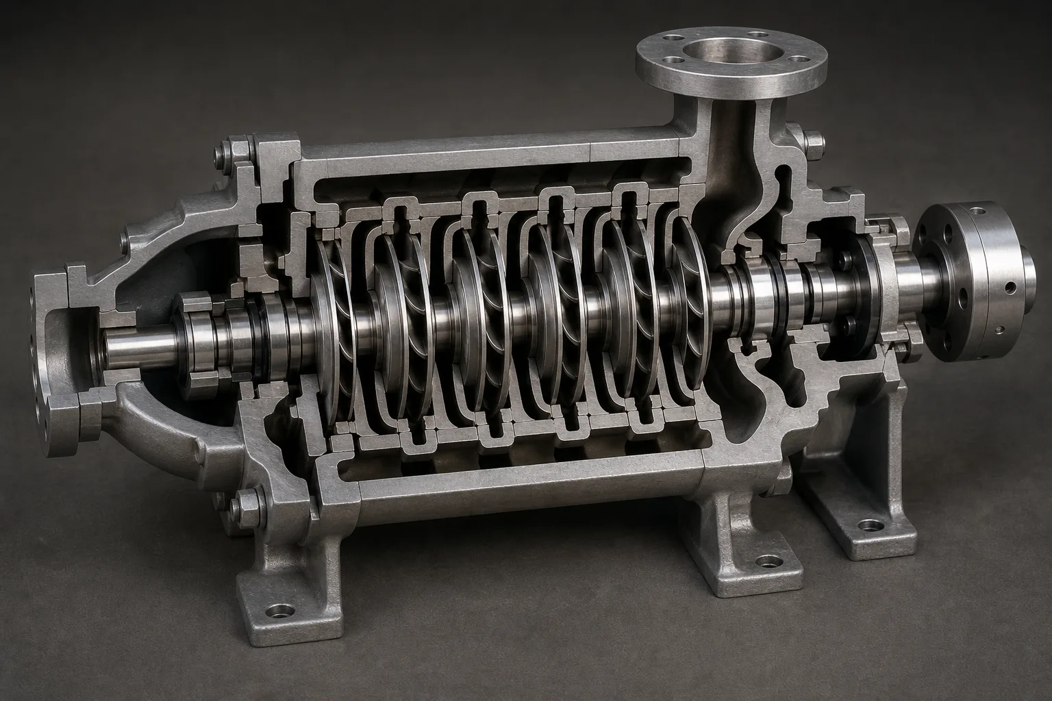 The cutaway pairs each rotating impeller with a stationary diffuser/return passage：Axial suction and first-stage eye、Common-shaft impeller train、Stationary diffuser and return passages、Final collector and high-pressure discharge