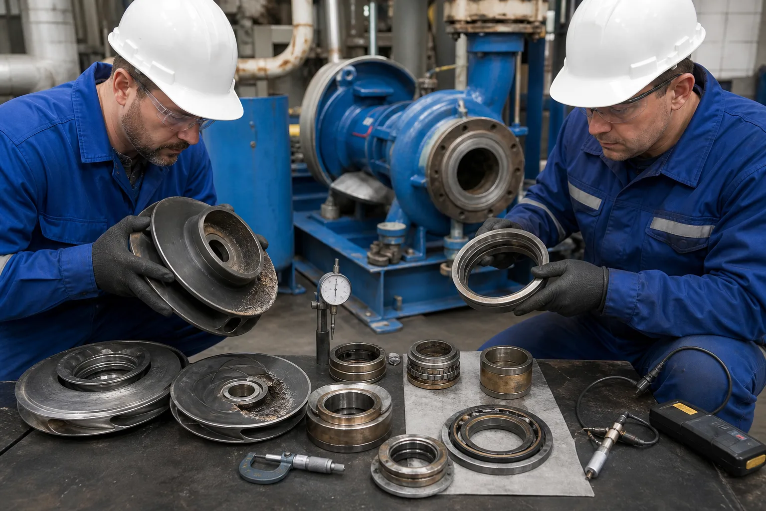 Cavitation pitting, wear-ring leakage, and bearing/seal faults waste energy differently：First-stage impeller cavitation/deposit、Worn ring and internal-leakage clearance、Sleeves, bearings, and mechanical seal、Dimensional, runout, and vibration evidence