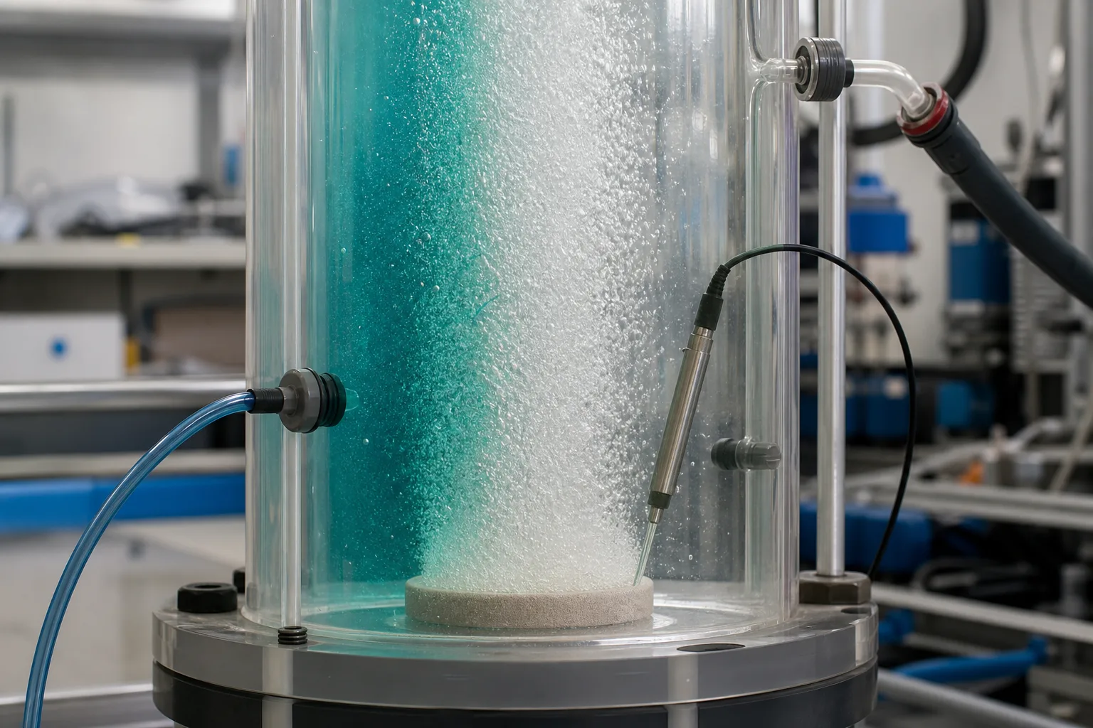Microbubble mass transfer determines how much gas reaches the water：Porous microbubble diffuser、Ozone-rich gas inlet、Dissolved-ozone/oxidation probe、Untransferred off-gas outlet