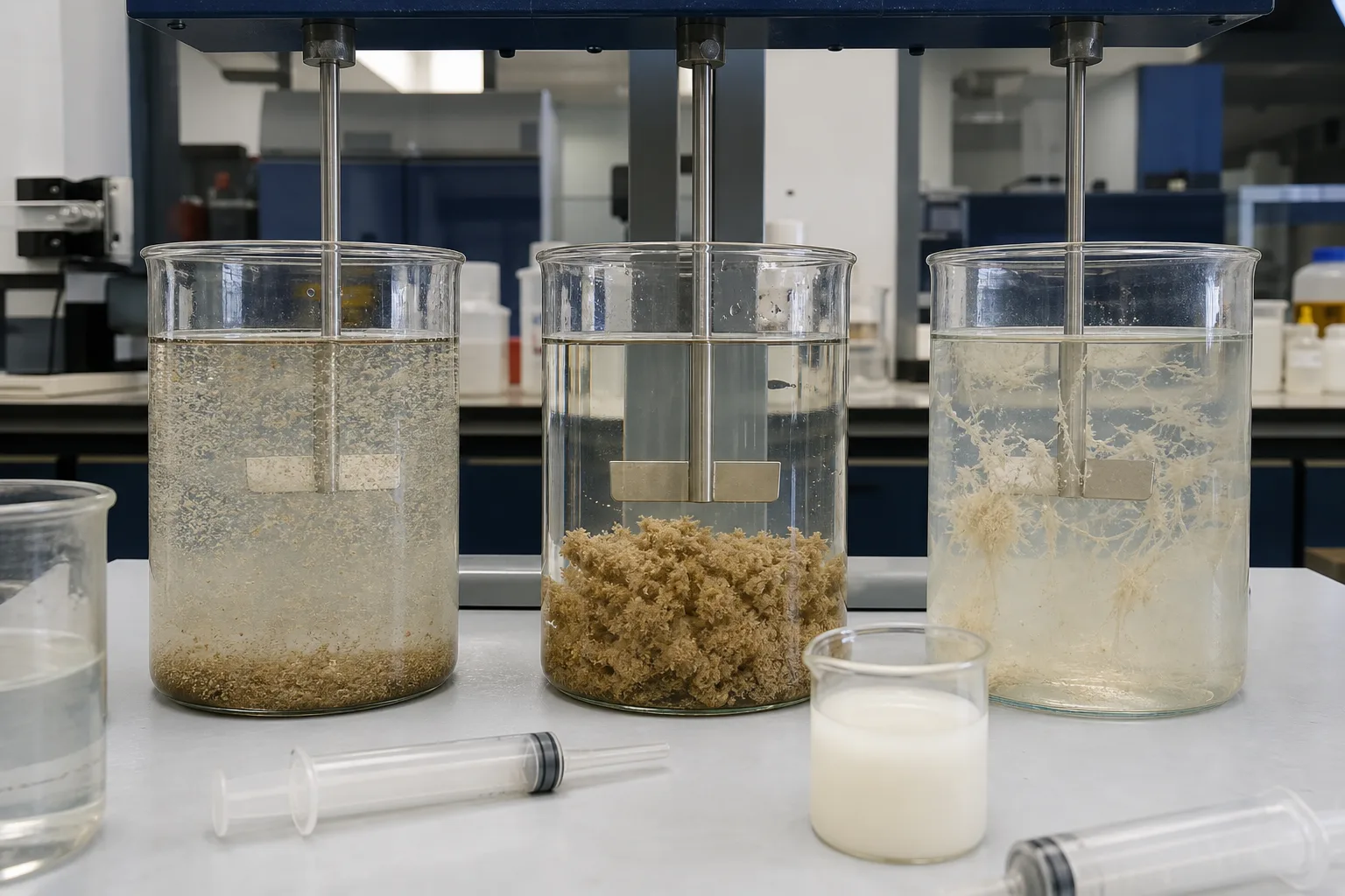 Jar tests separate weak destabilization, useful bridging and polymer excess：Low PAC: dispersed fines、Combined working window、PAM excess/mismatch、PAM solution and dose