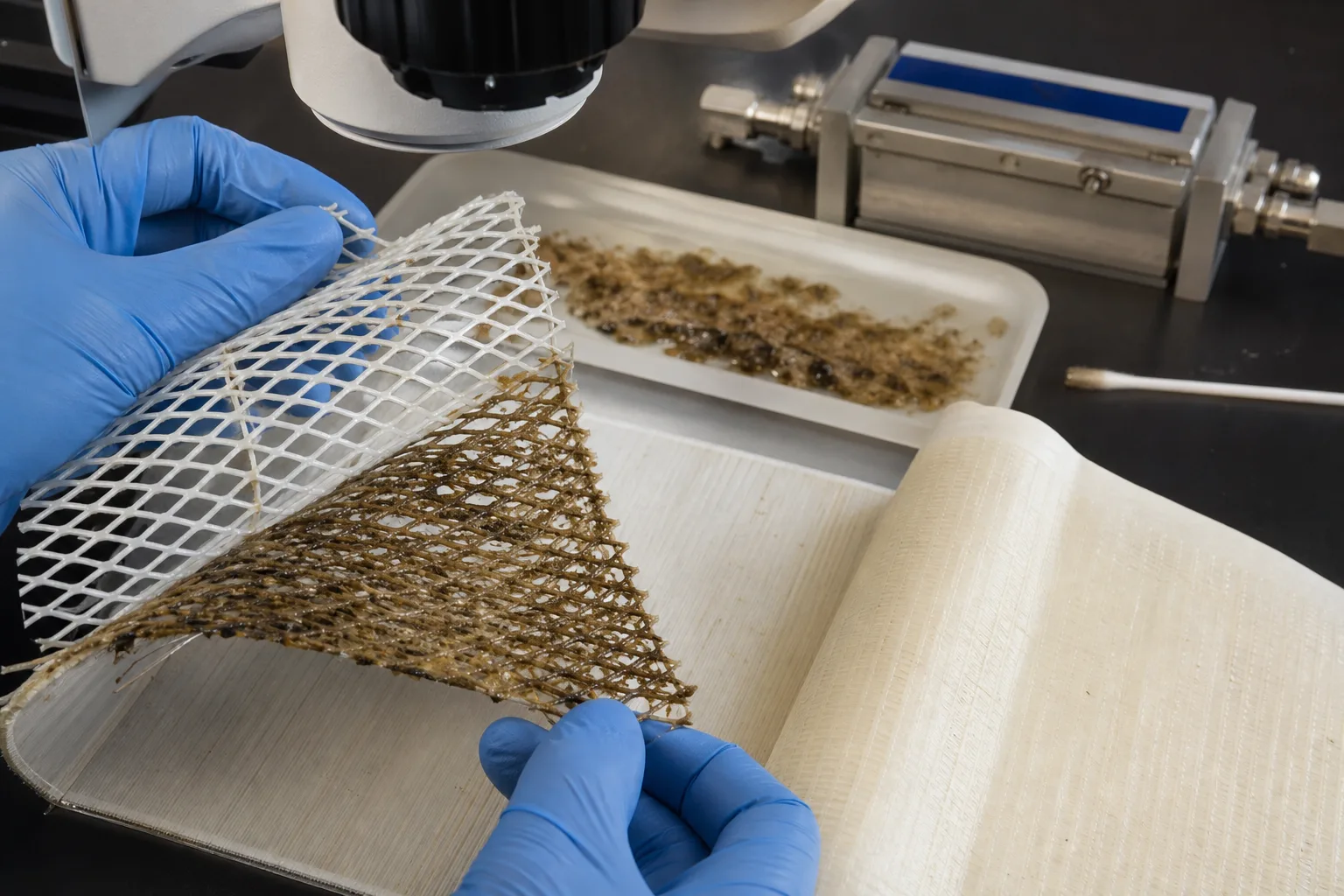 An opened leaf and feed spacer show that rising ΔP begins as a channel-area and roughness problem：Open pores in clean feed spacer、Brown plugged spacer and narrowed channel、Membrane surface and selective layer、Scraped deposit for microscopy/chemistry