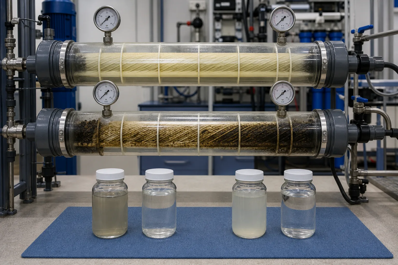 Parallel transparent vessels compare clean and plugged channels at equal flow：Clean-channel inlet/outlet pressure pair、Plugged-channel inlet/outlet pressure pair、Matched feed and concentrate flow、Stream samples and quality result