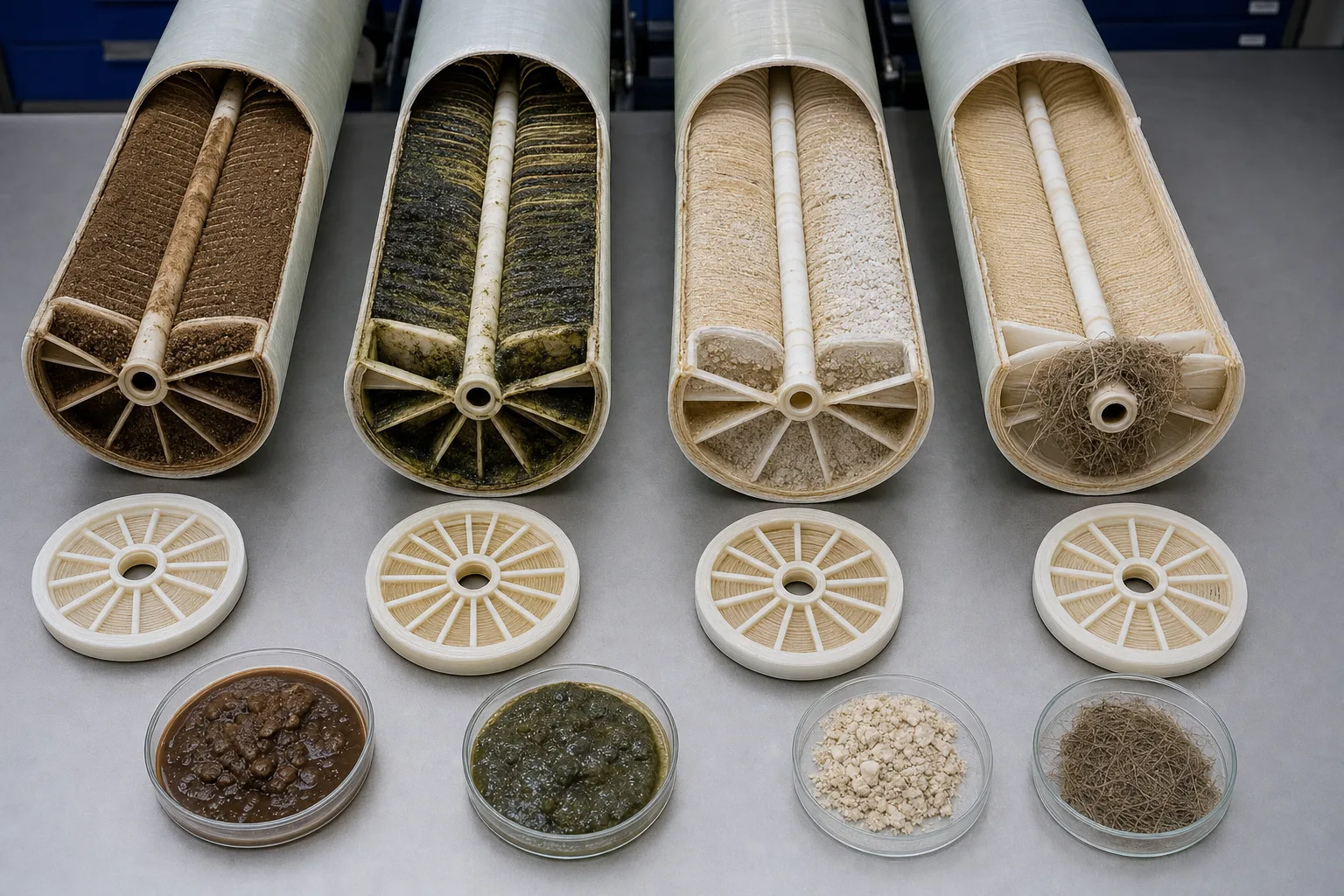Four autopsies show different foulants behind a similar hydraulic symptom：Brown particulate/colloidal-organic deposit、Green biofilm and EPS、White mineral scale/crystals、Fibers or filter debris in channel