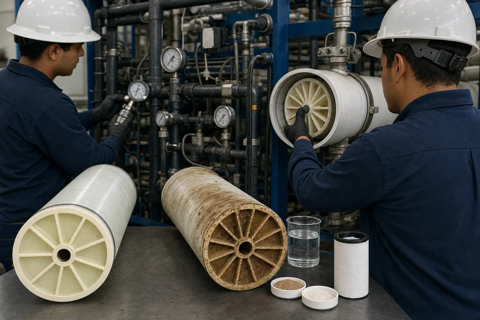 Field teardown links trends, end mechanics, clean/dirty elements and guard filtration：Stage gauges and common-header state、Adapter, thrust and anti-telescoping parts、Clean versus heavily fouled elements、Guard cartridge, deposit and water evidence