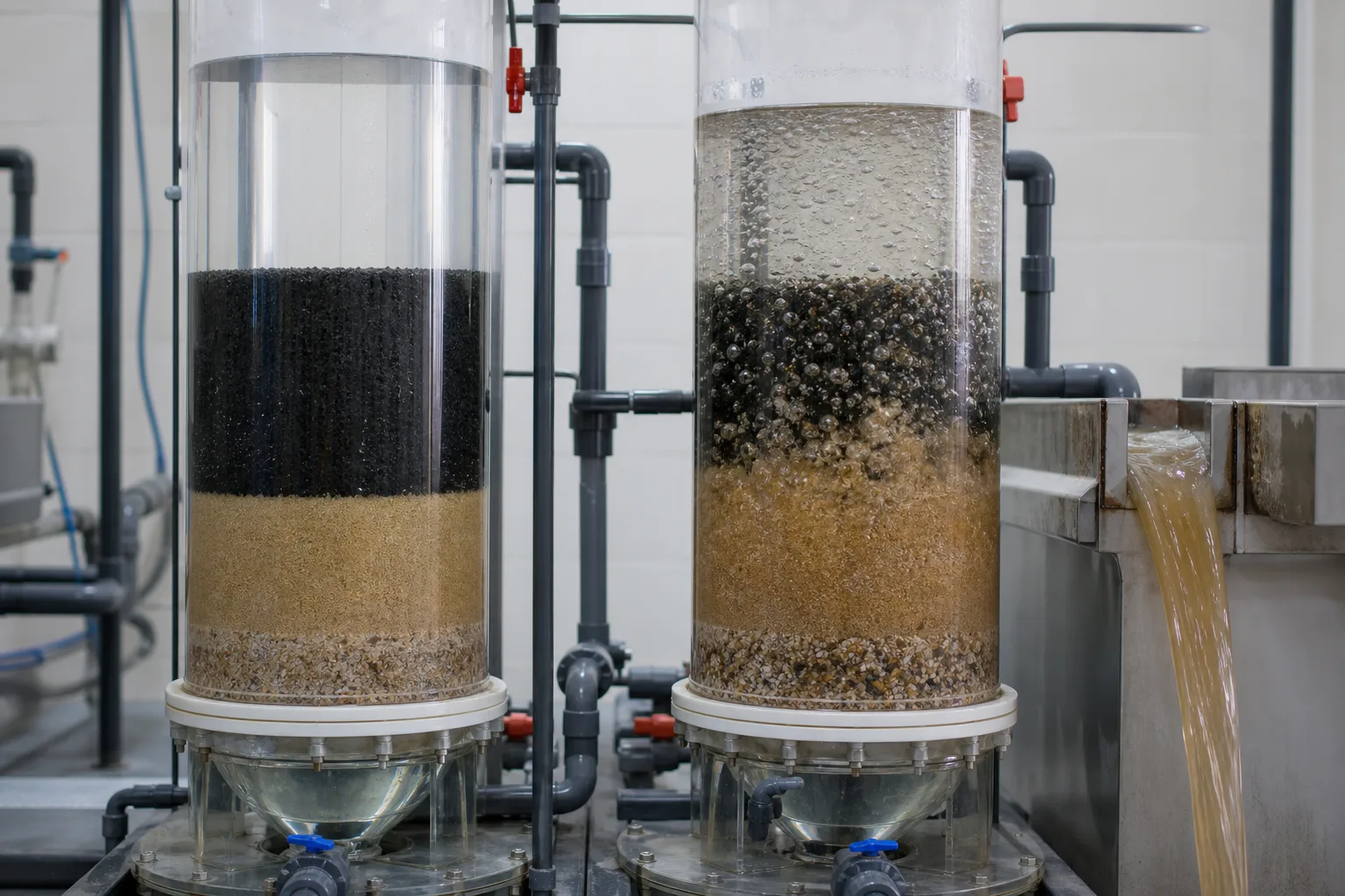Filtration flows down and backwash flows up through the same bed：Downflow through a fixed bed、Media and support layers、Upflow wash water/air scour、Expanded bed and dirty wash water