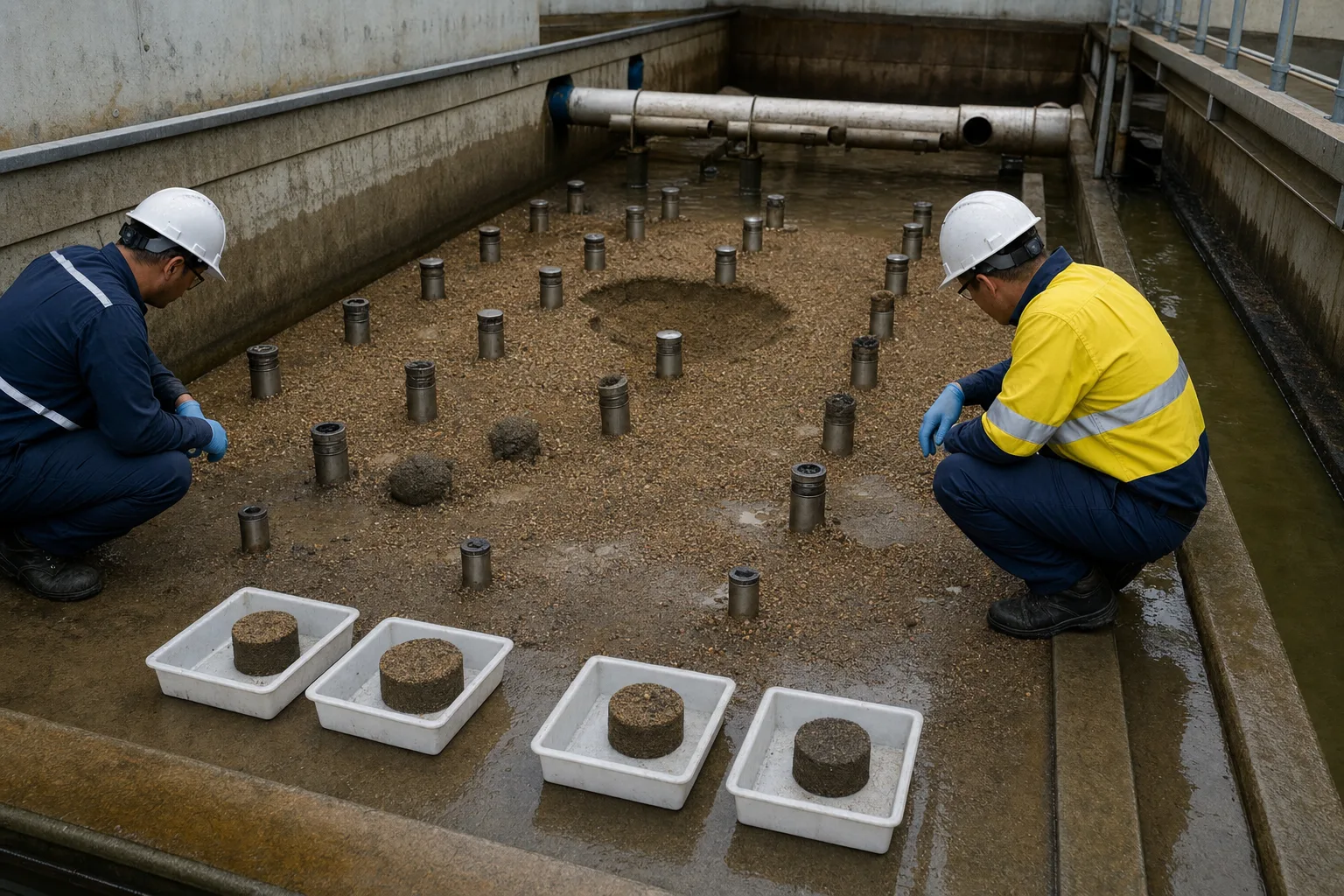 A drained inspection finds mudballs, cracks, and dead zones hidden online：Grid-based operator inspection、Surface elevation and cracks、Mudball or localized binding、Multi-location media cores