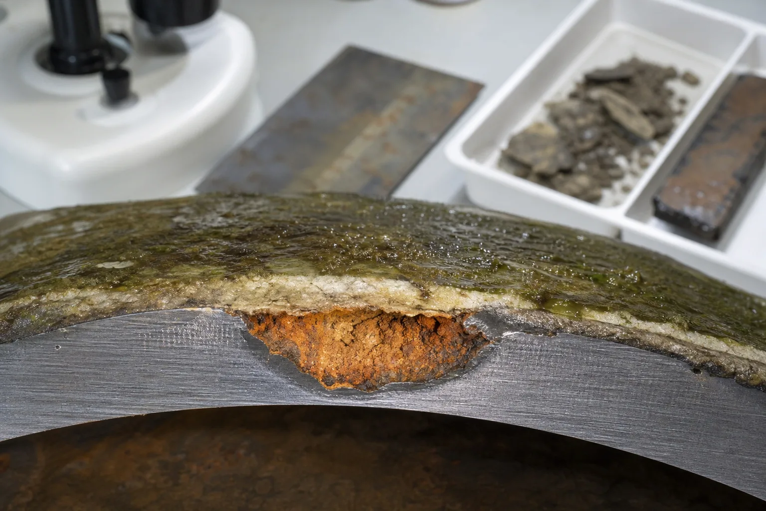 A cross-section shows biofilm, mineral layer, corrosion products and a pit above base metal：Water-side biofilm and EPS、Mineral crystal/particle layer、Under-deposit rust and pit、Remaining base metal and pit mouth