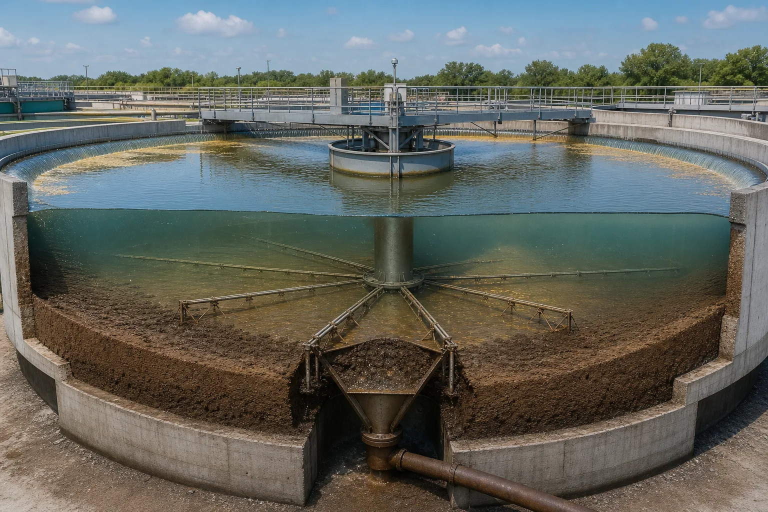 The cutaway connects clarification, zone settling, compression and RAS recovery：Feedwell discharge zone、Rising clarified-water flow、Settling/compression blanket、Collector to RAS/WAS outlet