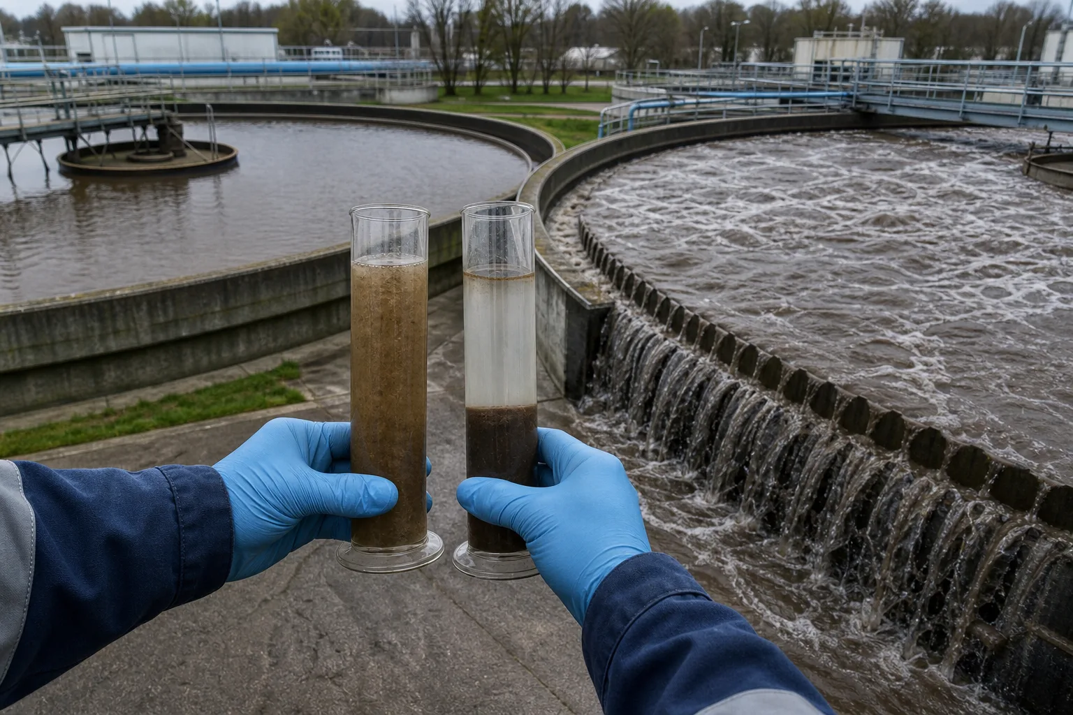 Diagnosis aligns settling tests, blanket behavior and operating context：Original mixed-liquor settling、Diluted/control settling、Clarifier blanket and surface、Adjacent aeration-basin state