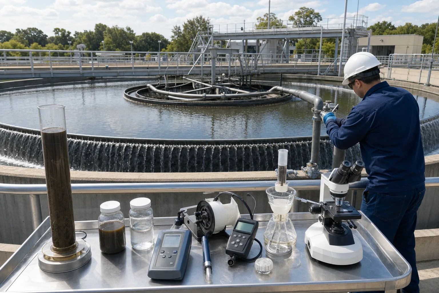 Final diagnosis joins whole-tank hydraulics, blanket, solids tests and microscopy：Feedwell–blanket–peripheral weir hydraulics、Blanket depth and RAS removal、SVI/supernatant/MLSS/effluent TSS、Microscopy, DO/ORP and event trend