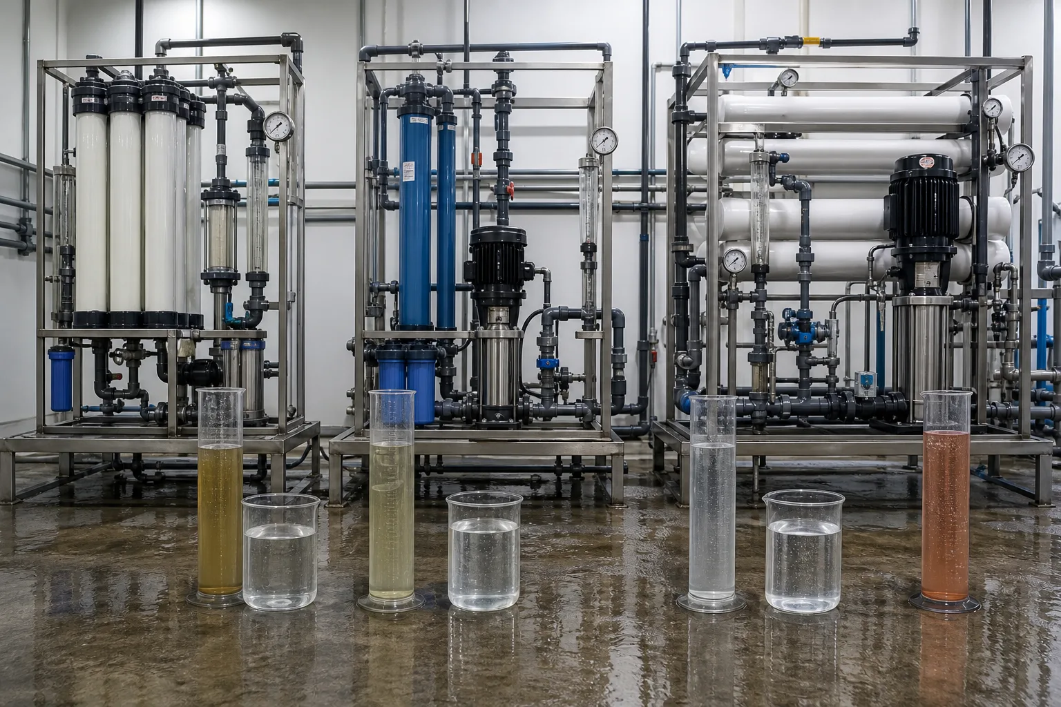 The three systems pursue different product-water goals：UF: particle barrier、NF: softening/organics、RO: desalination、Concentrate/waste