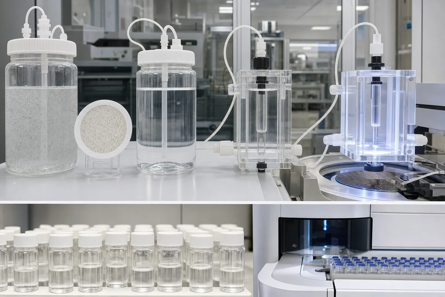 A bench model puts particle retention, RO separation, EDI migration and multiparameter analysis together：Particle feed and UF retention disk、RO selective-layer pressure cell、EDI resin–membrane–electrode cell、Stage vials and ion/TOC/particle analysis