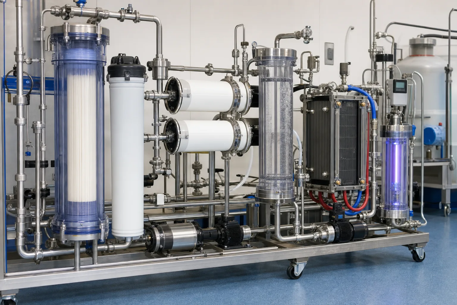 A transparent skid shows the structural differences among UF fibers, RO elements, EDI stack and UV：Hollow-fiber UF bundle and shell、Spiral RO elements and pressure flow path、DC-powered EDI membrane stack、UV oxidation/disinfection polish reactor