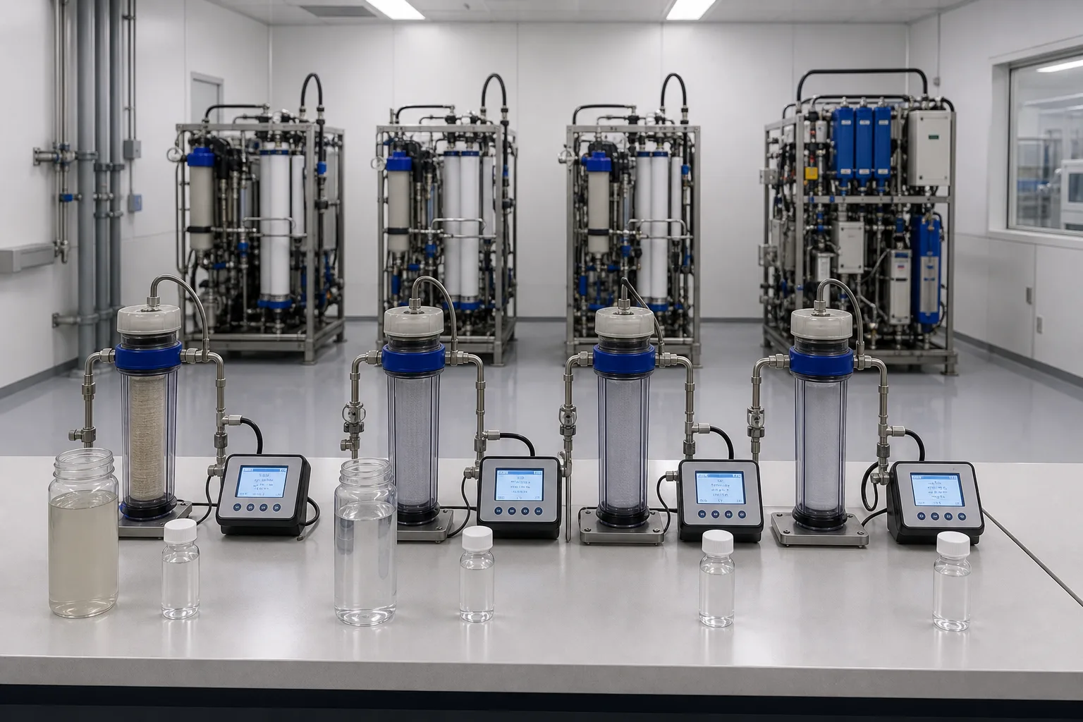 Four parallel modules, meters and samples assign a different acceptance contract to each stage：Pretreatment feed: turbidity, hardness, TOC、UF outlet: particles, SDI and integrity、RO permeate: conductivity, salt, silica/TOC、EDI/final: resistivity and trace attributes