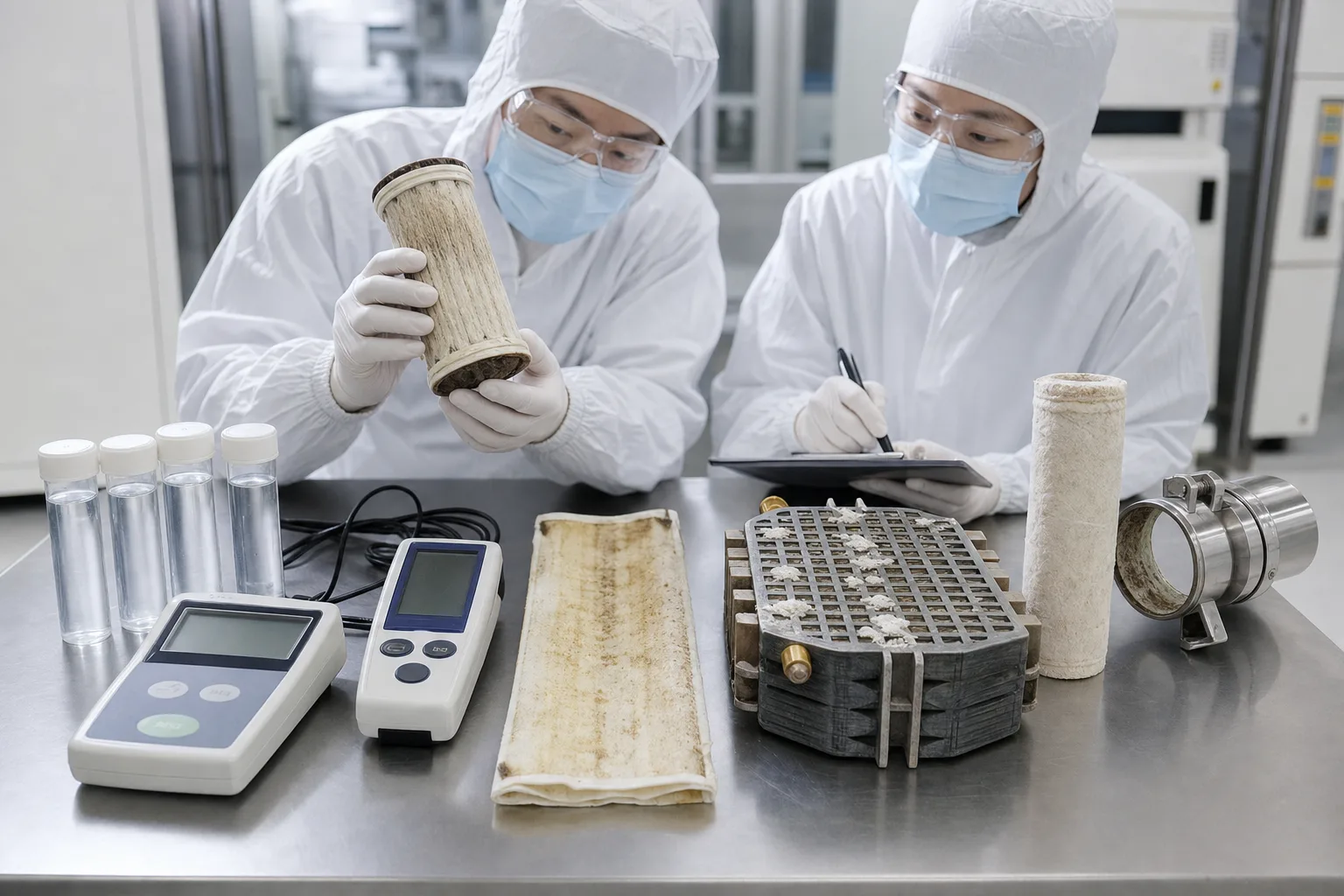 A teardown table separates fouled UF media, RO sheet, EDI stack, final cartridges and samples：Fouled UF/guard cartridge and end distribution、RO sheet deposit, damage or cleaning evidence、EDI stack flow path, membrane and scale、Stage samples, meters and final cartridge/housing