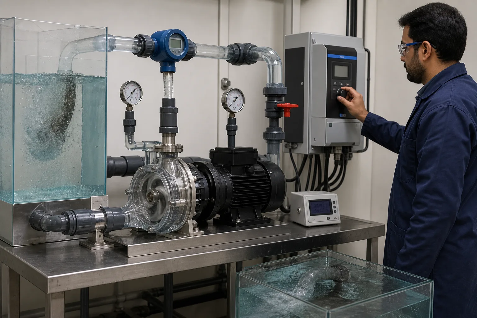 A transparent test rig measures frequency, speed, flow, head and power together：VFD frequency and rpm、Measured flow Q、Suction/discharge pressure、Impeller and real flow