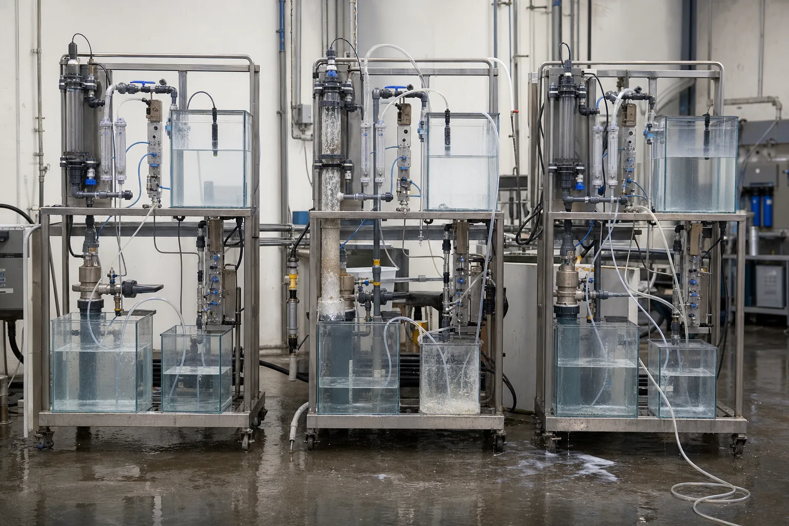 Three rigs show that high recovery, normal recovery and hidden loss can look alike：Lower recovery: larger concentrate、Hidden side flow/leak/nonsteady state、Higher recovery: smaller concentrate、Independent boundaries and storage