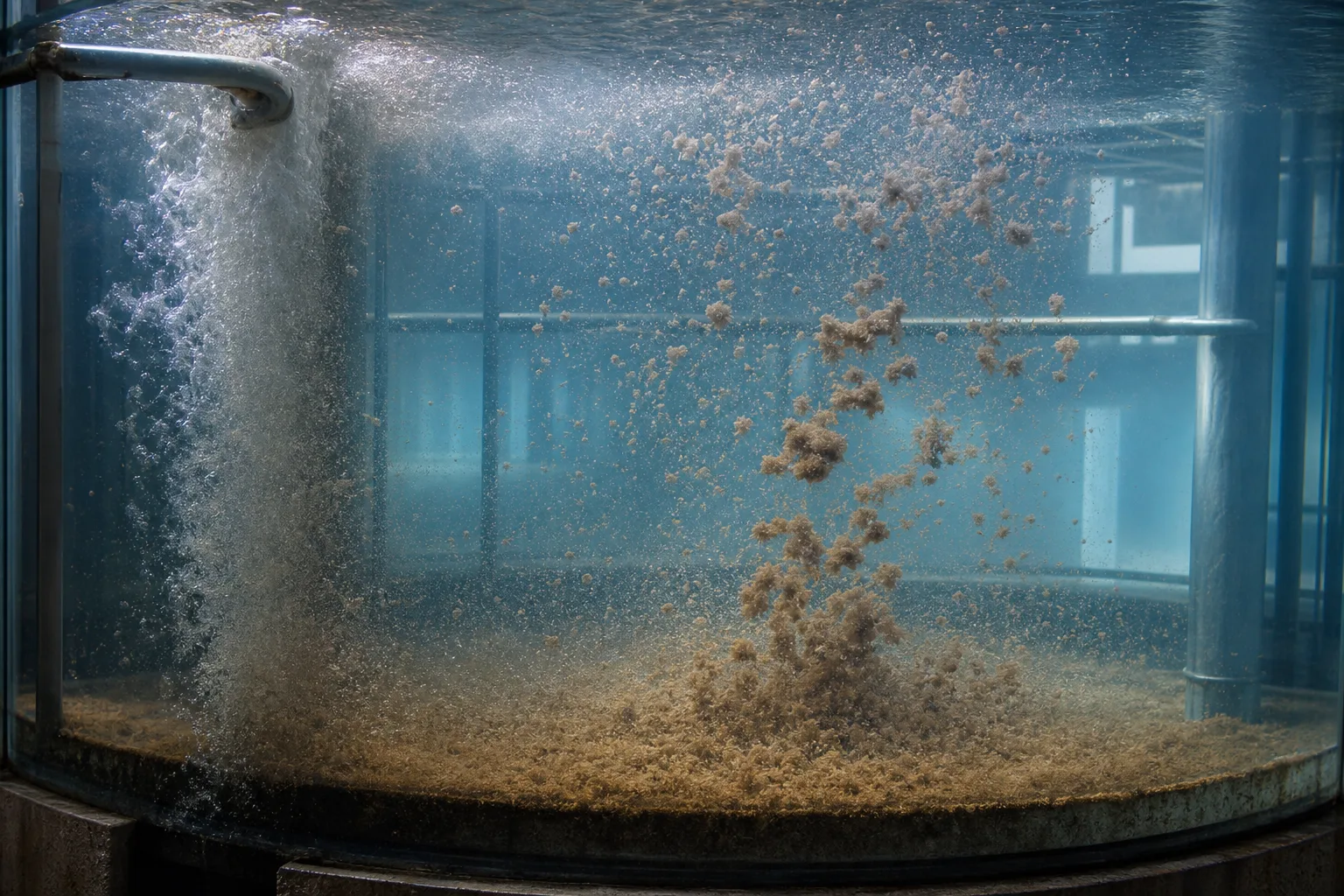 Capture is a competition between settling velocity and upward/forward water motion：High-energy solids feed、Fines and primary floc、Effective settling zone、Bottom sludge layer