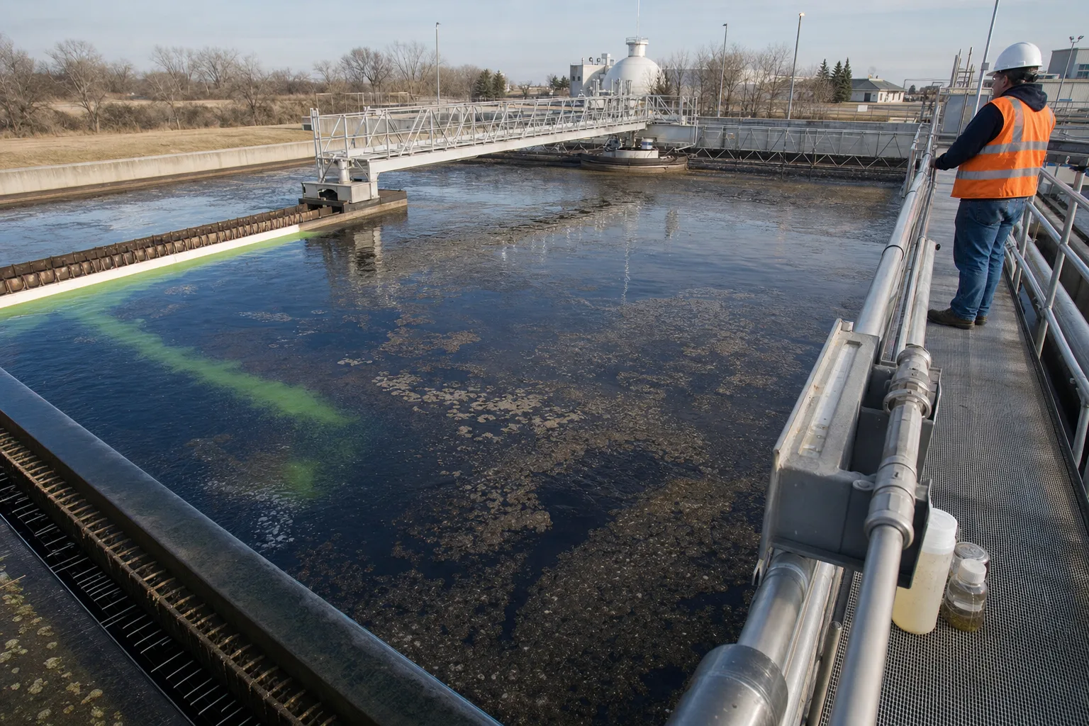 Tracer testing reveals short circuits, recirculation and dead zones hidden by nominal volume：Center feedwell/distribution、Tracer main flow path、Peripheral weir/launder、Multi-point sampling curve