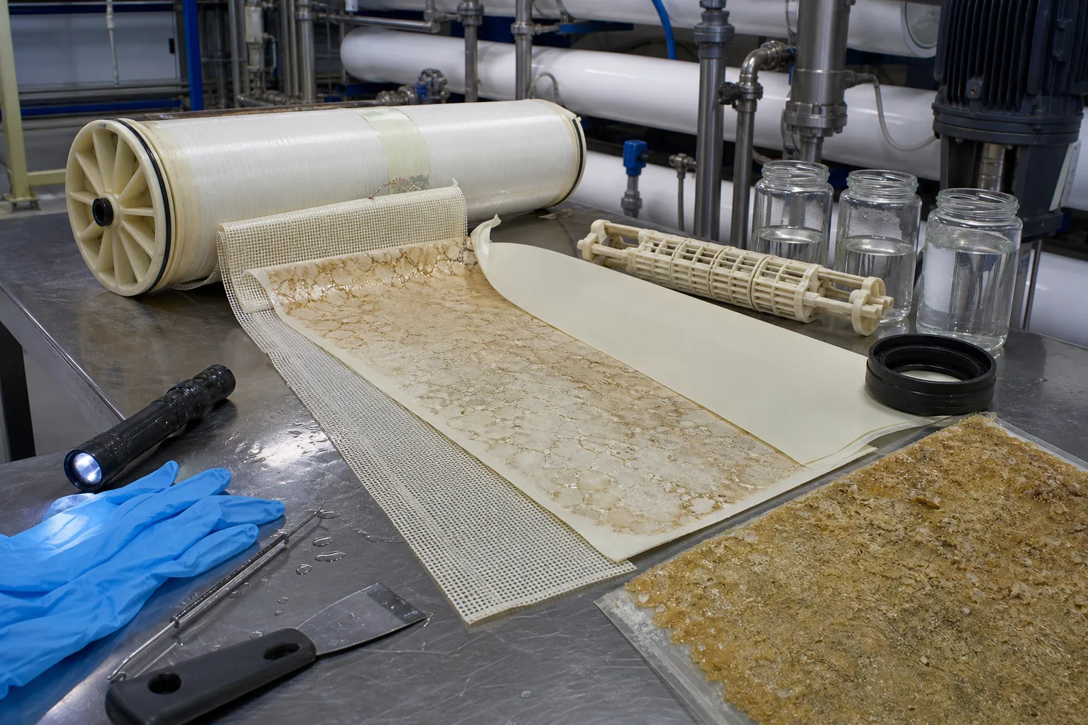 Autopsy must separate oxidation from fouling, scale, and seal leakage：Fouled feed spacer、Membrane coupon for analysis、Clean reference selective layer、Seals and branch samples