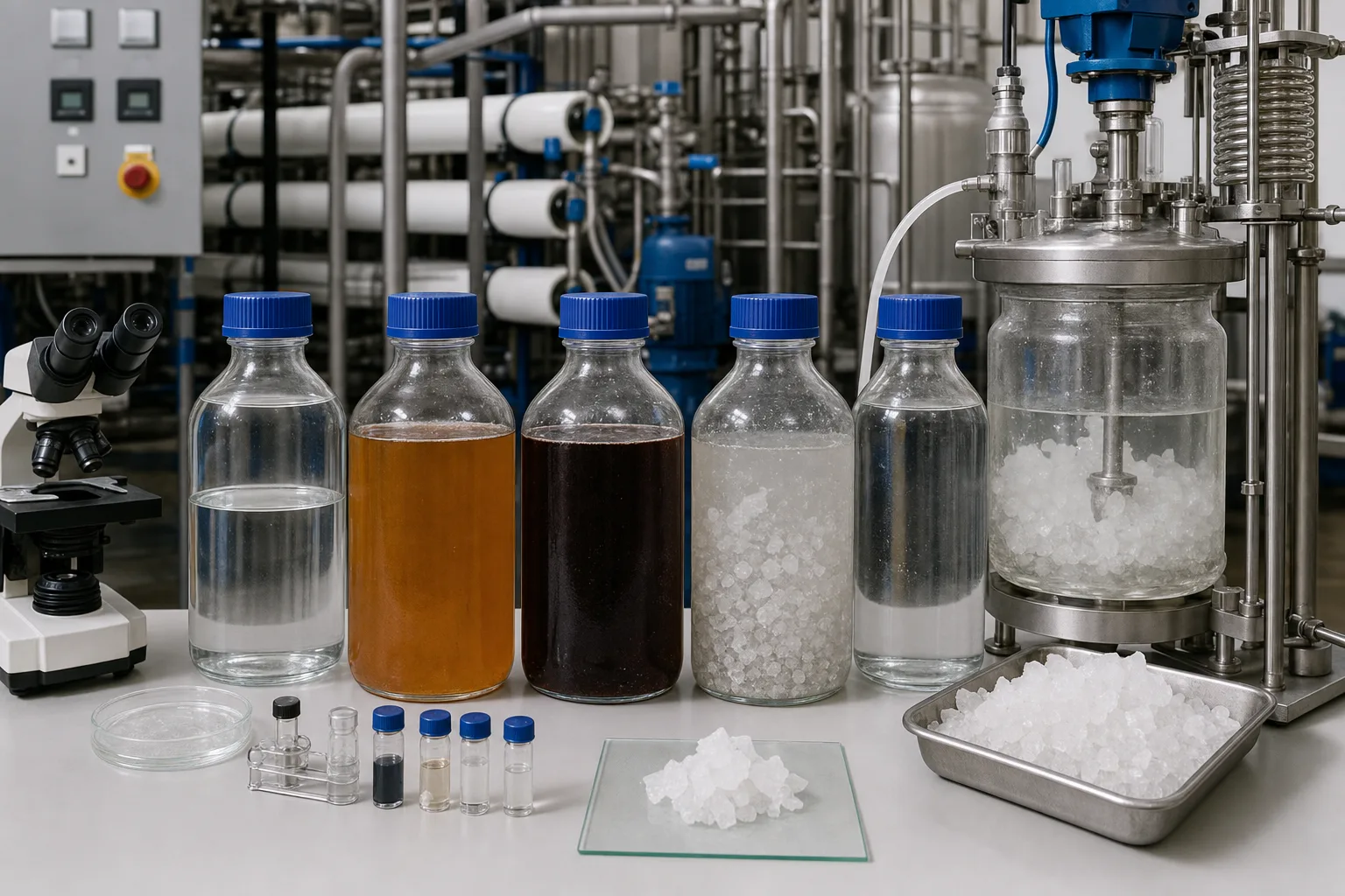 Stage samples and a bench crystallizer reveal where water, salts and residual contaminants go：Feed and pretreated-water samples、Membrane concentrate and accumulated organics、Mother liquor and crystal-size evidence、Condensed distillate quality sample