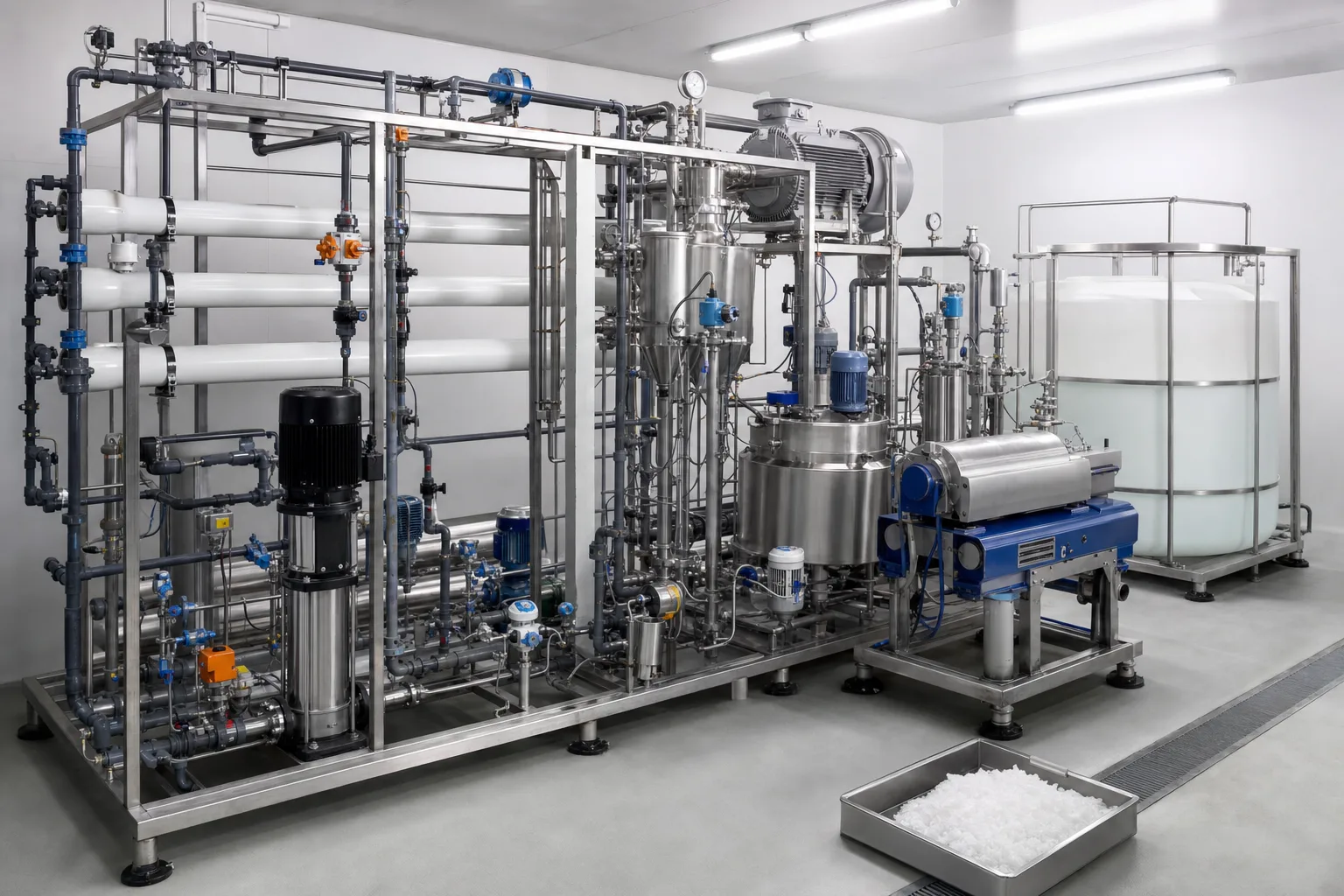 An integrated skid links membrane permeate, evaporation, centrifuge and reuse storage：Membrane permeate/concentrate split、Evaporator circulation and vapor separator、Slurry dewatering centrifuge、Reuse tank and wet-salt tray