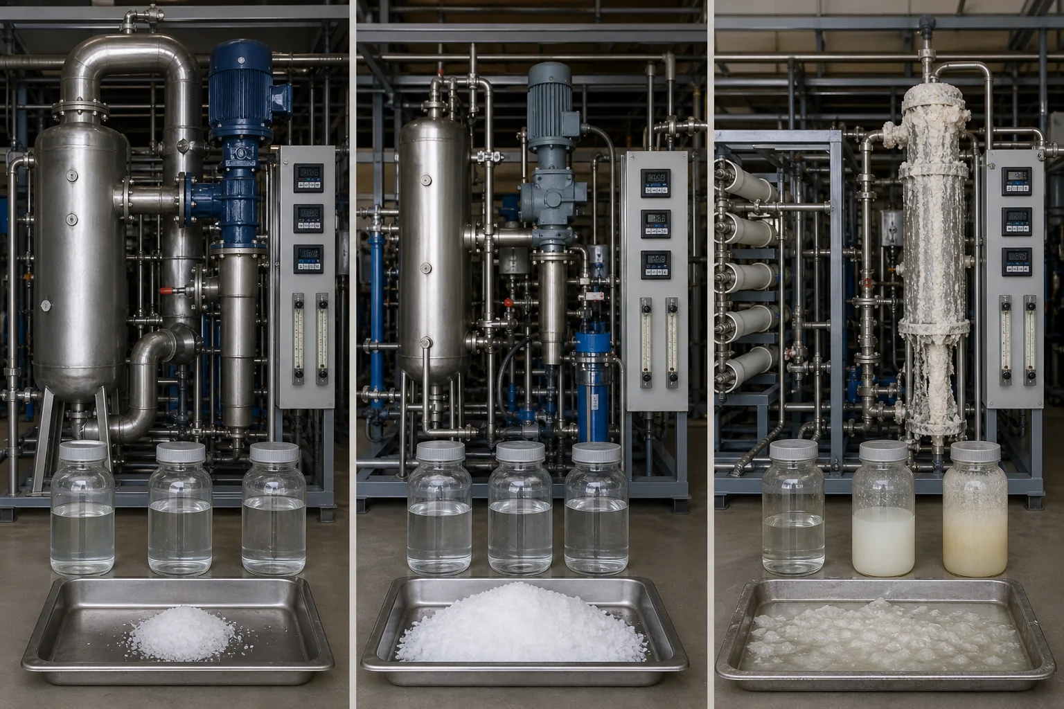 Three operating states separate clean heat transfer, controlled crystallization and uncontrolled scale：Clean heat-transfer and circulation baseline、Seeded crystal growth and normal withdrawal、Uncontrolled scaling and plugging、Distillate, liquor and salt balance evidence